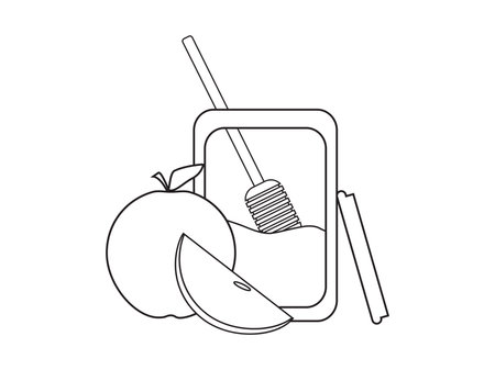 Black White apple, apple slice and honey illustration, Rosh Hashanah cardのイラスト素材