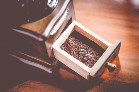 Coffee grinder and coffee cup , Close upの写真素材