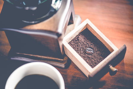 Coffee grinder and coffee cup , Close upの写真素材