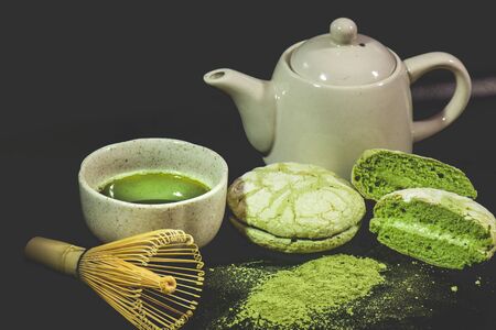 Matcha green tea and cookiesの写真素材