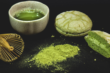 Matcha green tea and cookiesの写真素材