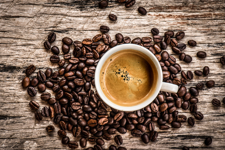 Cup of coffee  on wooden table.の写真素材