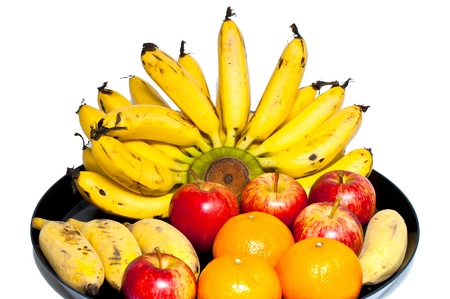 Include banana, orange and apple fruit tray の写真素材