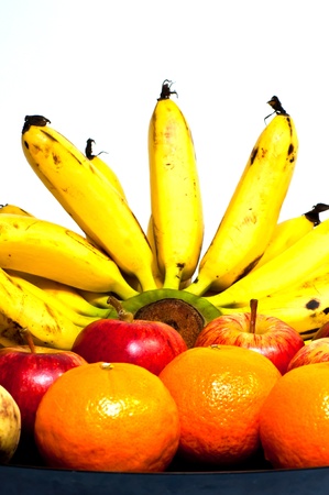 Include banana, orange and apple fruit tray の写真素材