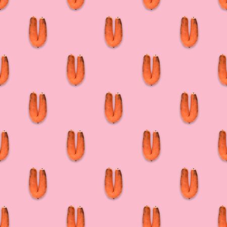 seamless pattern ugly carrots on a pink background, carrots in the shape of V, with shadow, Ugly...