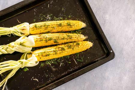 Fresh corn on the cob with organic rosemary leavesの写真素材