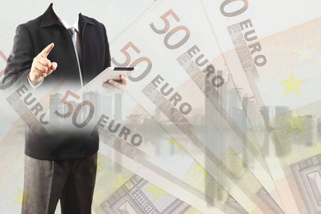 Double exposure of businessman working with new big city and EURO money  background and business strategy as conceptの写真素材