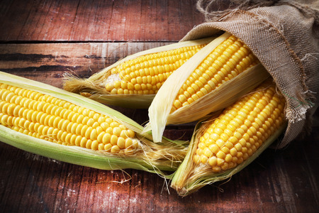 fresh corn on wooden tableの写真素材