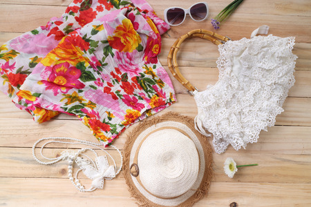 Overhead of essentials vintage woman. Outfit of casual woman.の写真素材