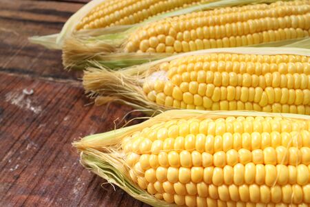 fresh corn on wooden tableの写真素材
