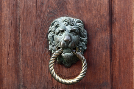 Door knocker in the shape of a lion on old wood doorの写真素材