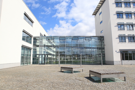 Glass entrance to new modern business centreの写真素材