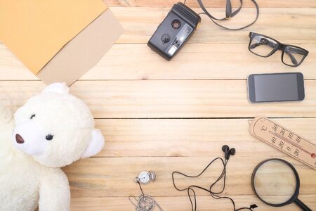Outfit of traveler, student, teenager, young woman or guy. Overhead of essentials for modern young...