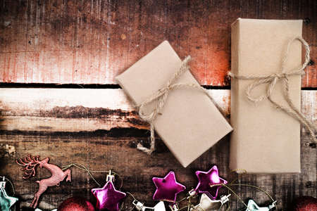 Christmas and happy new year festival concept of  decor gift  on the wooden background vintage styleの写真素材