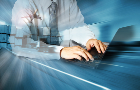 Double exposure of success businessman using computer with container truck ,ship in port and freight cargo plane in transport and import-export commercial logistic ,shipping business industry