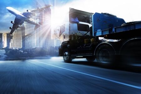 container truck , freight cargo plane in transport and import-export commercial logistic ,shipping business industryの写真素材