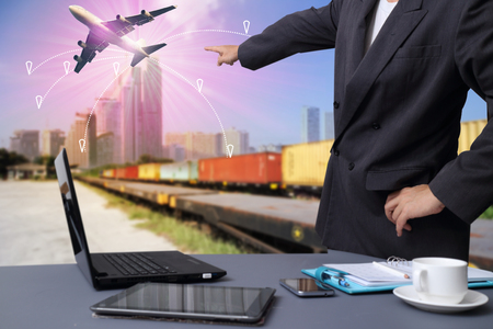 container trains ,commercial ship on port freight cargo plane flying above use for logistic and transportation industry background
,working man in logistic business working in container shipping yard with dusky sky and jet plane cargo flying above use for land to air transport and freightの写真素材