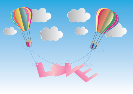 concept of love and valentine day, origami made hot air balloon in a heart shape . paper art and craft style.のイラスト素材