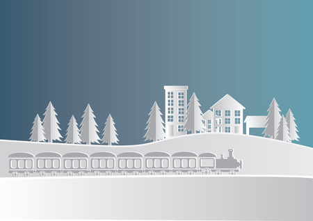 Train on railway with forest and mountains Winter Snow Urban Countryside Landscape City Village , paper art and craft style.のイラスト素材