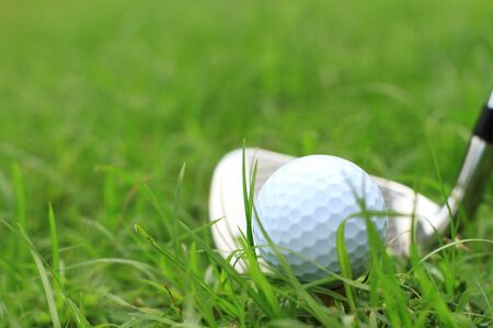 Golf balls and golf club on green grassの写真素材