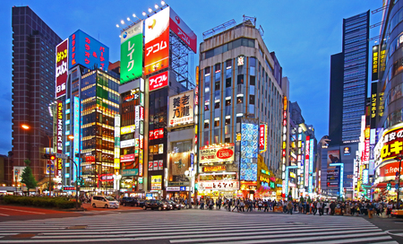 TOKYO, JAPAN - MAY26, 2017: view of Shibuya Crossing, one of the busiest crosswalks in the world.. The historic electronics district has evolved into a shopping area for video games, anime, manga, and computer goods.のeditorial素材