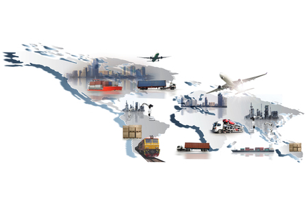 Global business and industry of Container Cargo freight train for logistic import export, Business logistics concept , Air cargo trucking , rail transportation , maritime shipping , On-time delivery, industry 4.0 conceptの写真素材