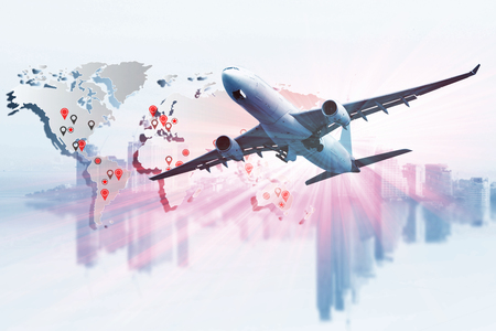 Transportation, import-export and logistics concept, container truck, ship in port and freight cargo plane in transport and import-export commercial logistic, shipping business industry の写真素材