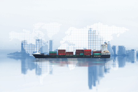 Transportation, import-export and logistics concept, container truck, ship in port and freight cargo plane in transport and import-export commercial logistic, shipping business industry の写真素材