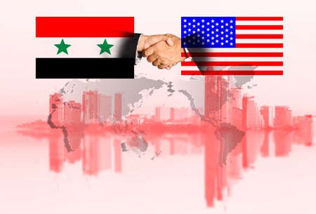 Flags of the USA and Syria at international meeting or negotiations press conference, stop war conceptの写真素材