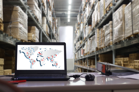world map with AR application for check order pick time in smart factory warehouse,  connection for...