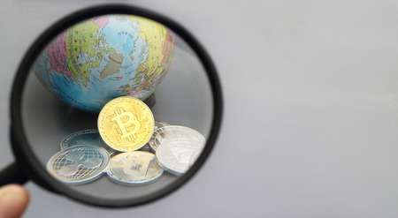 Cryptocurrency concept : Stack and piles of Bitcoin and other different cryptocurrencies  の写真素材