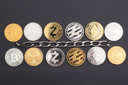 Cryptocurrency concept : Stack and piles of Bitcoin and other different cryptocurrencies  