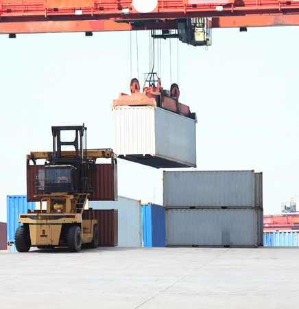 Transportation, import-export and logistics concept, container truck, ship in port and freight cargo...