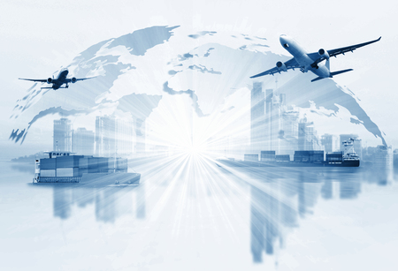 Transportation, import-export and logistics concept, container truck, ship in port and freight cargo plane in transport and import-export commercial logistic, shipping business industryの写真素材