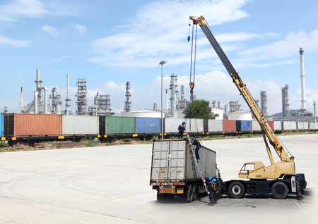 Chemical Industry, Storage Tank and Tanker Truck in Industrial Plant, Freight Train Backdrop oil...