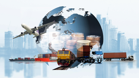 Transportation, import-export and logistics concept, container truck, ship in port and freight cargo plane in transport and import-export commercial logistic, shipping business industryの写真素材