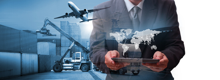 Transportation, import-export and logistics concept, container truck, ship in port and freight cargo plane in transport and import-export commercial logistic, shipping business industryの写真素材
