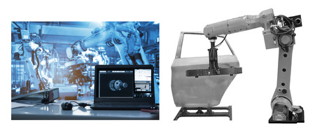 robot is working  in the automotive industry smart factory background