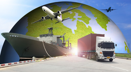 Abstract image of the world logistics, there are world map background and container truck, ship in port and airplaneの写真素材