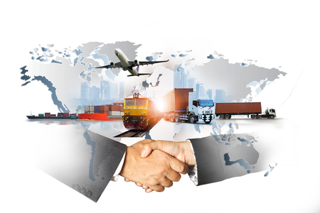 Abstract image of the world logistics, there are world map background and container truck, ship in port , airplane and hand shake for business successの写真素材