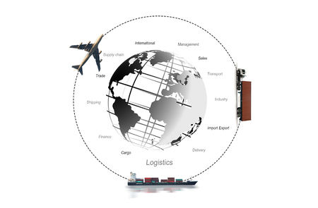Transportation, import-export and logistics concept, container truck, ship in port and freight cargo plane in transport and import-export commercial logistic, shipping business industryの写真素材