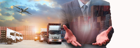 Double exposure of man with world map for logistic network distribution on background and Logistics Industrial Container Cargo freight ship for shipping and Transportation, import-exportの写真素材