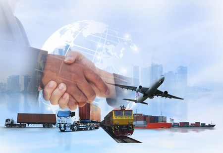 Double exposure of man with world map for logistic network distribution on background and Logistics Industrial Container Cargo freight ship for shipping and Transportation, import-exportの写真素材