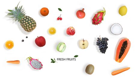 Creative layout made of fruits. Flat lay. papaya, pineapple, lemon, orange, kiwi,coconut,dragon fruit,grape, Pomegranate, on the white background.の写真素材