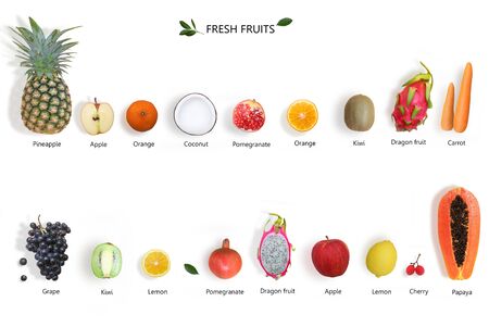 Creative layout made of fruits. Flat lay. papaya, pineapple, lemon, orange, kiwi,coconut,dragon fruit,grape, Pomegranate, on the white background.の写真素材