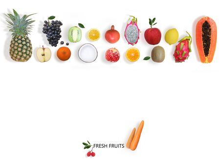 Creative layout made of fruits. Flat lay. papaya, pineapple, lemon, orange, kiwi,coconut,dragon fruit,grape, Pomegranate, on the white background.の写真素材