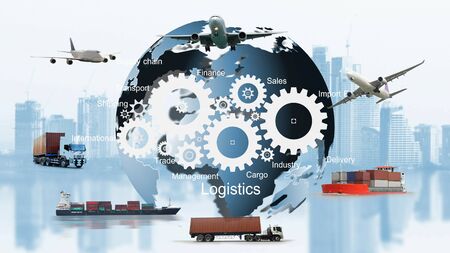 The world logistics , there are world map with logistic network distribution on background and Logistics Industrial Container Cargo freight ship for Concept of fast or instant shippingの写真素材