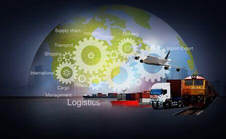 Double exposure of technology interface with gear wheel setting  logistic network distribution, Logistics Industrial Container Cargo freight ship for shipping and Transportation, import-exportの写真素材