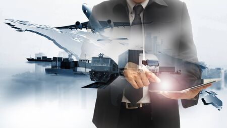 Double exposure of man with world map for logistic network distribution on background and Logistics Industrial Container Cargo freight ship for shipping and Transportation, import-export の写真素材
