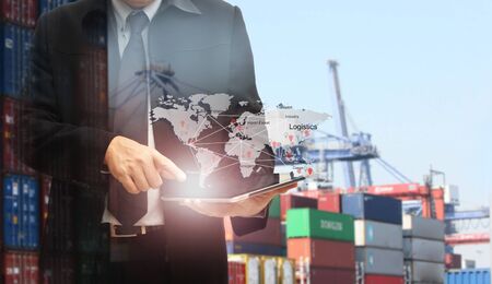Double exposure of man with world map for logistic network distribution on background and Logistics Industrial Container Cargo freight ship for shipping and Transportation, import-export の写真素材